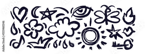 Hand drawn charcoal doodle shapes. Crayon vector