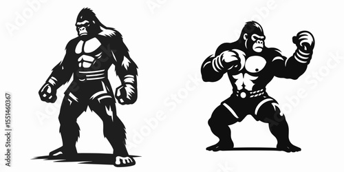 Gorilla in muay thai costume. Boxing Sport Cartoon Animal Clipart Line Art Vector Illustration. Ape figure kickboxing outfit fighter bizarre clothing theme.