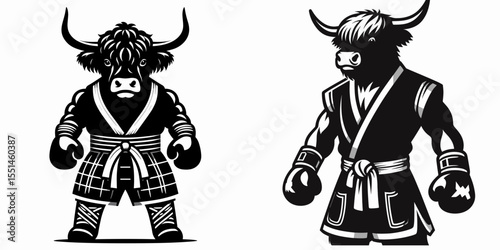 Highland Cow in muay thai costume. Boxing Sport Cartoon Animal Clipart Line Art Vector Illustration. Bovine wearing martial apparel a scottish cattle doing combat.