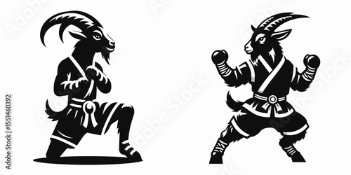 Goat in muay thai costume. Boxing Sport Cartoon Animal Clipart Line Art Vector Illustration. Farm kickboxing outfit fight attire for caprine.