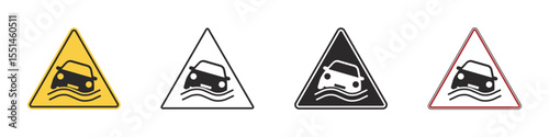 Set of warning signs flooding hazard. Car submerged in water, flood street and a flood road, yellow triangular warning sign. Emergency situation, danger of falling car in sea. Vehicle in water. Vector
