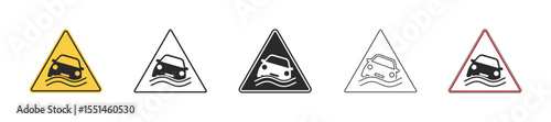 Set of warning signs flooding hazard. Car submerged in water, flood street and a flood road, yellow triangular warning sign. Emergency situation, danger of falling car in sea. Vehicle in water. Vector