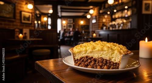 Cottage Pie in a Cozy Pub with Warm Lighting and Candlelight