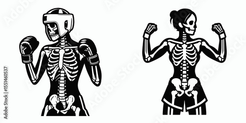 female skeleton in muay thai costume. Boxing Sport Cartoon Animal Clipart Line Art Vector Illustration. Woman bones outfit halloween dead fighter concept.