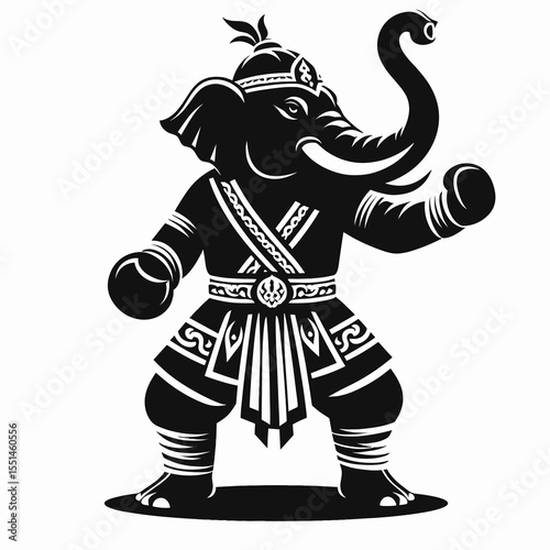 Elephant in muay thai costume. Boxing Sport Cartoon Animal Clipart Line Art Vector Illustration. Jumbo mammal kickboxing apparel martial attire for large beast.