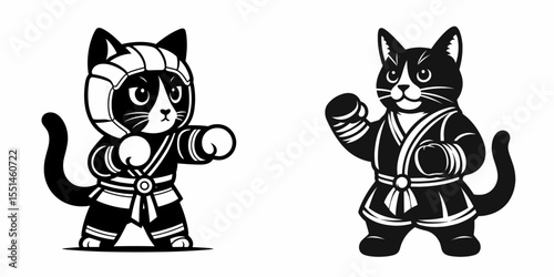 Domestic Shorthair Cat in muay thai costume. Boxing Sport Cartoon Animal Clipart Line Art Vector Illustration. House fighter outfit feline martial dress kitty combat garb.
