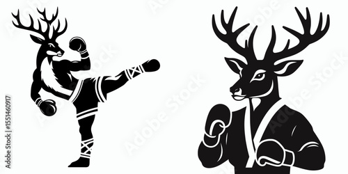 Deer in muay thai costume. Boxing Sport Cartoon Animal Clipart Line Art Vector Illustration. Cervidae figure wearing combat attire exotic wild creature outfit.