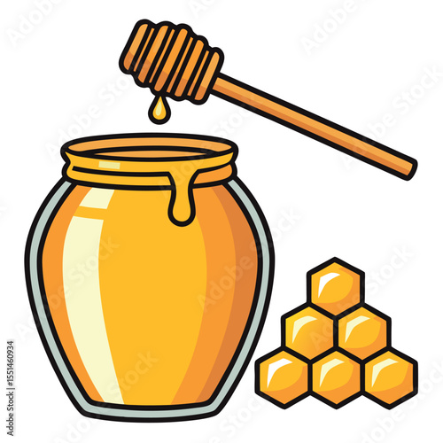 A jar of golden honey with a dipper and honeycomb isolated on white background