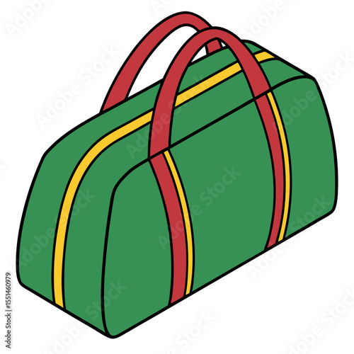 Green duffel bag with red and yellow accents isolated on white background