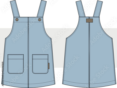 Dungaree Dress technical fashion Illustration. Mini A-line Dress fashion flat technical drawing template, vector. Front and back view. CAD, mockup set.