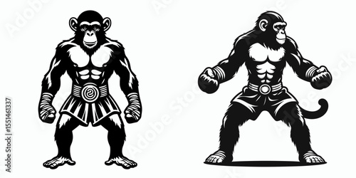 Chimpanzee in muay thai costume. Boxing Sport Cartoon Animal Clipart Line Art Vector Illustration. Ape wearing kickboxing attire fight apparel primal martial garb.