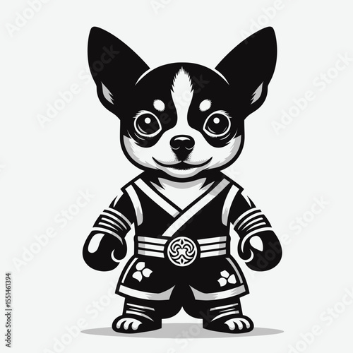 Chihuahua Dog in muay thai costume. Boxing Sport Cartoon Animal Clipart Line Art Vector Illustration. Tiny canine kickboxing attire small breed fighter concept.
