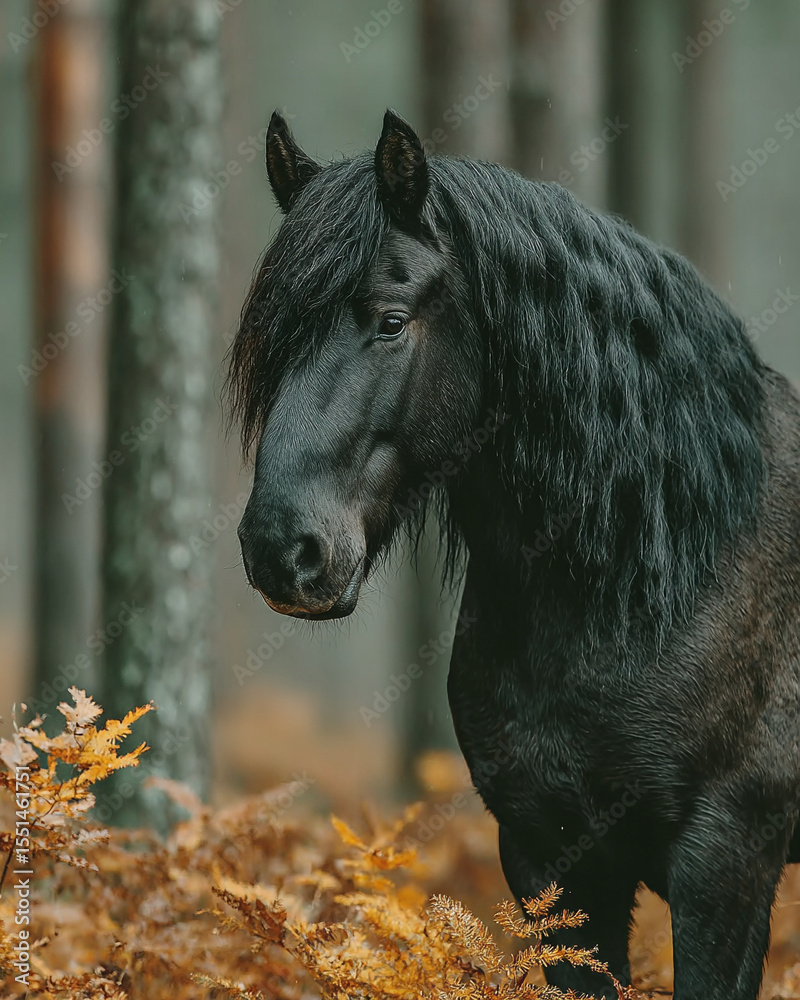 Fototapeta premium A heavy horse on the background of forests and mountains.