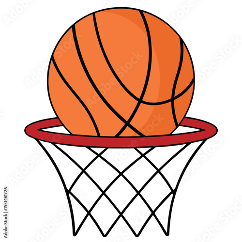 Cartoon basketball resting on a hoop net isolated on white background