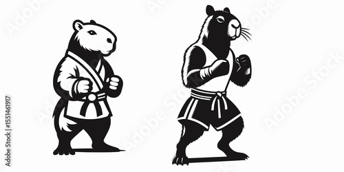 capybara in muay thai costume. Boxing Sport Cartoon Animal Clipart Line Art Vector Illustration. Rodent wearing combat gear a outfit.