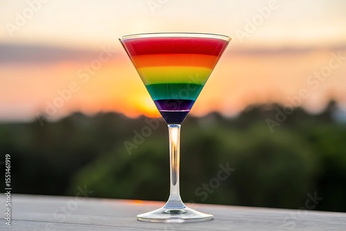 Rainbow cocktail in a martini glass at sunset