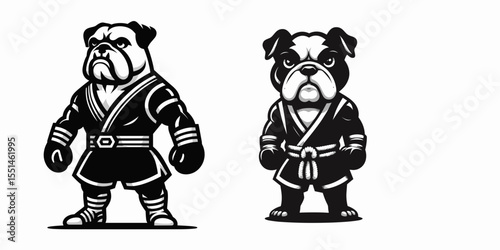 Bulldog Dog in muay thai costume. Boxing Sport Cartoon Animal Clipart Line Art Vector Illustration. English hound fighting attire martial outfit for canine pet.