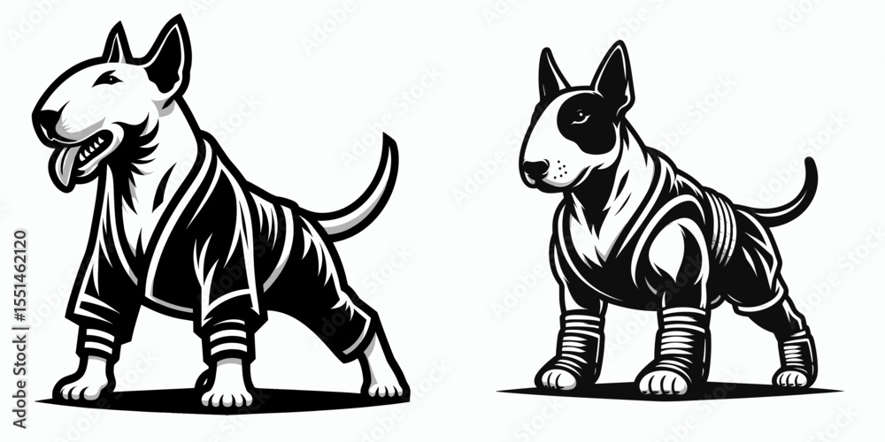 Obraz premium Bull Terrier Dog in muay thai costume. Boxing Sport Cartoon Animal Clipart Line Art Vector Illustration. Canine garb strong breed fighter attire.