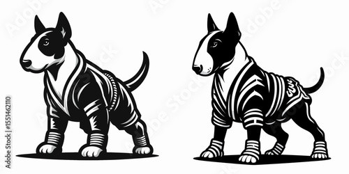 Bull Terrier Dog in muay thai costume. Boxing Sport Cartoon Animal Clipart Line Art Vector Illustration. Canine fighter garb breed sporting combat outfit.