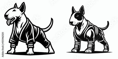 Bull Terrier Dog in muay thai costume. Boxing Sport Cartoon Animal Clipart Line Art Vector Illustration. Canine garb strong breed fighter attire.
