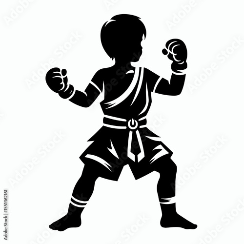 boy in muay thai costume. Boxing Sport Cartoon Animal Clipart Line Art Vector Illustration. Kid fighter wearing traditional attire martial garment.