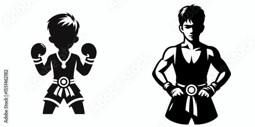 boy in muay thai costume. Boxing Sport Cartoon Animal Clipart Line Art Vector Illustration. Young male garb martial attire kids outfit.