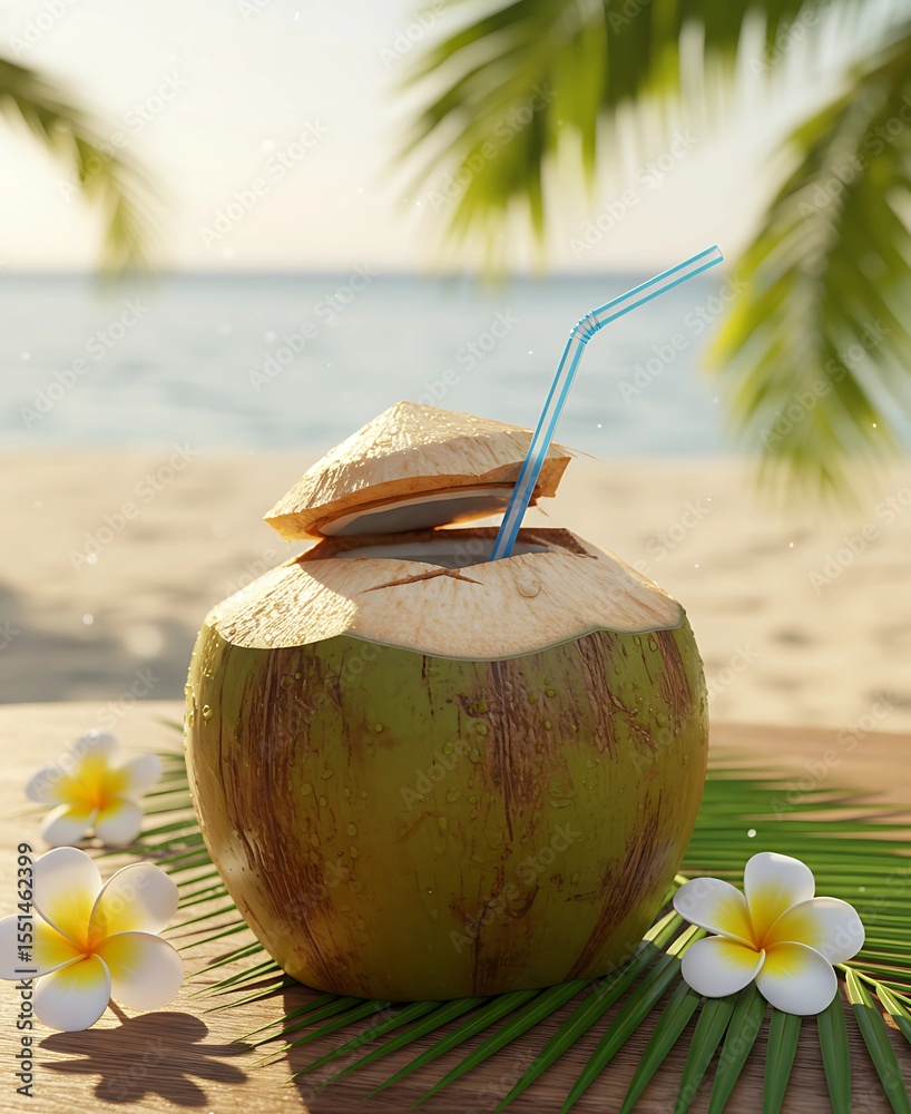fresh young coconut with a straw inserted, placed on a sunlit tropical wooden table. The coconut is slightly cracked open, revealing clear coconut water inside. Surrounded by tropical leaves fresh young coconut with a straw inserted, placed on a sunlit tropical wooden table. The coconut is slightly cracked open, revealing clear coconut water inside. Surrounded by tropical leaves