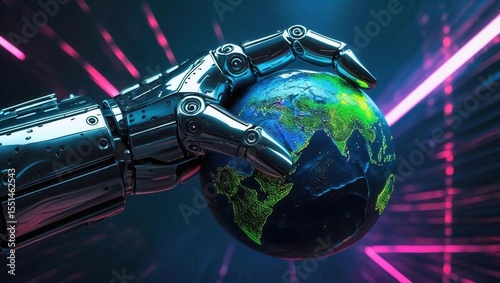 Metallic Robotic Hand Holding Earth Globe with Futuristic Laser Streaks