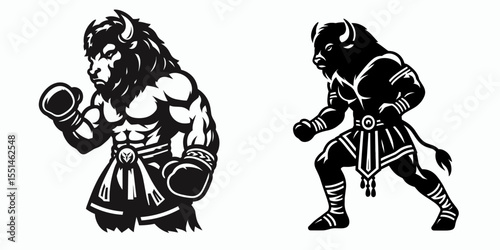Bison in muay thai costume. Boxing Sport Cartoon Animal Clipart Line Art Vector Illustration. Bull kickboxing attire fighter wearing garment.