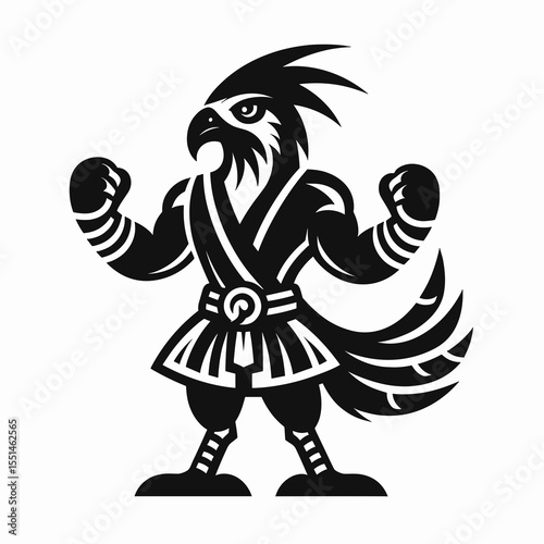 bird in muay thai costume. Boxing Sport Cartoon Animal Clipart Line Art Vector Illustration. Fowl within combat garment a feathered fighter martial attire.