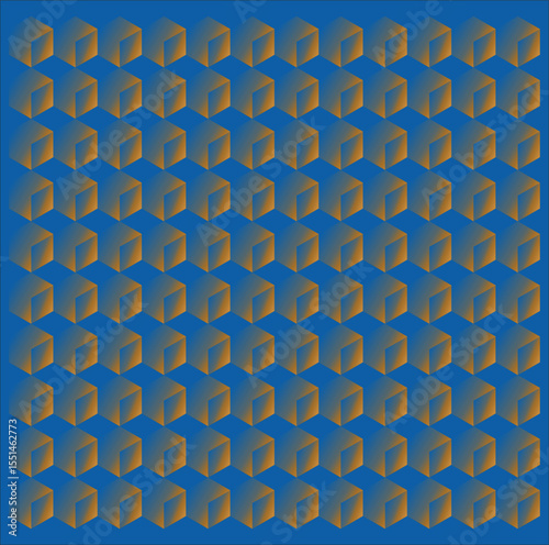 Repeating golden cube illusion on a gradient blue background, creating a mesmerizing 3D geometric pattern with rhythm and depth perception.