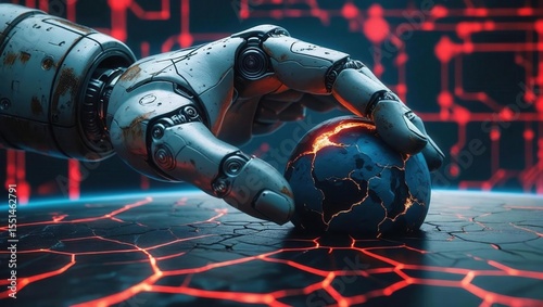 Metallic Robotic Hand Holding Molten Core Earth Model Over Cracked Glowing Surface with Circuit Board Backdrop