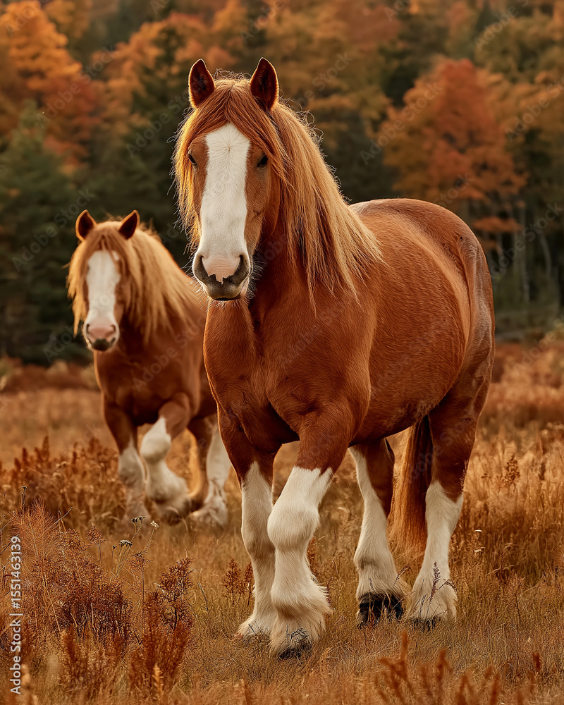 Fototapeta premium A heavy horse on the background of forests and mountains.