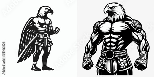 Bald Eagle in muay thai costume. Boxing Sport Cartoon Animal Clipart Line Art Vector Illustration. American bird wearing martial attire fighter apparel combat.