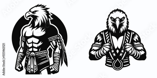 Bald Eagle in muay thai costume. Boxing Sport Cartoon Animal Clipart Line Art Vector Illustration. American raptor wearing attire for combat sport avian martial artist.