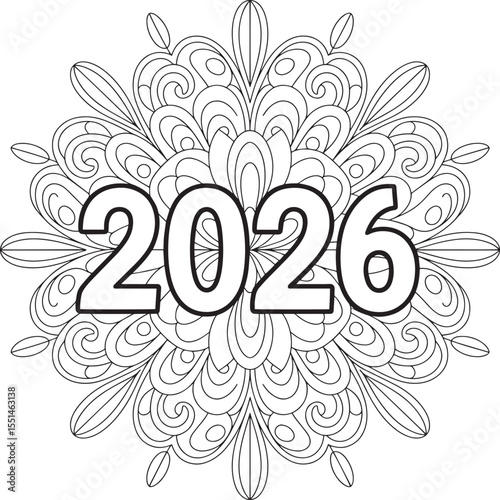 2026 Mandala Style Coloring Page – Decorative Floral Line Art Design for New Year, 2026 Zen tangle Mandala Art Relaxing Coloring Page for New Year, 2026 Mandala Coloring Page