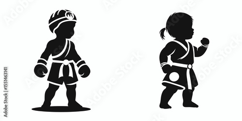 baby in muay thai costume. Boxing Sport Cartoon Animal Clipart Line Art Vector Illustration. Infant outfit little one dressed for martial practice.