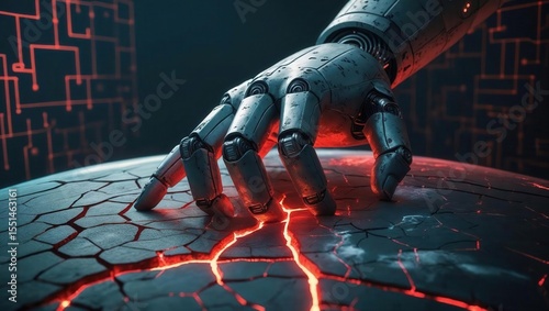 Metallic Robotic Hand Pressing Cracked Red Fissured Sphere Over Circuit Board Pattern
