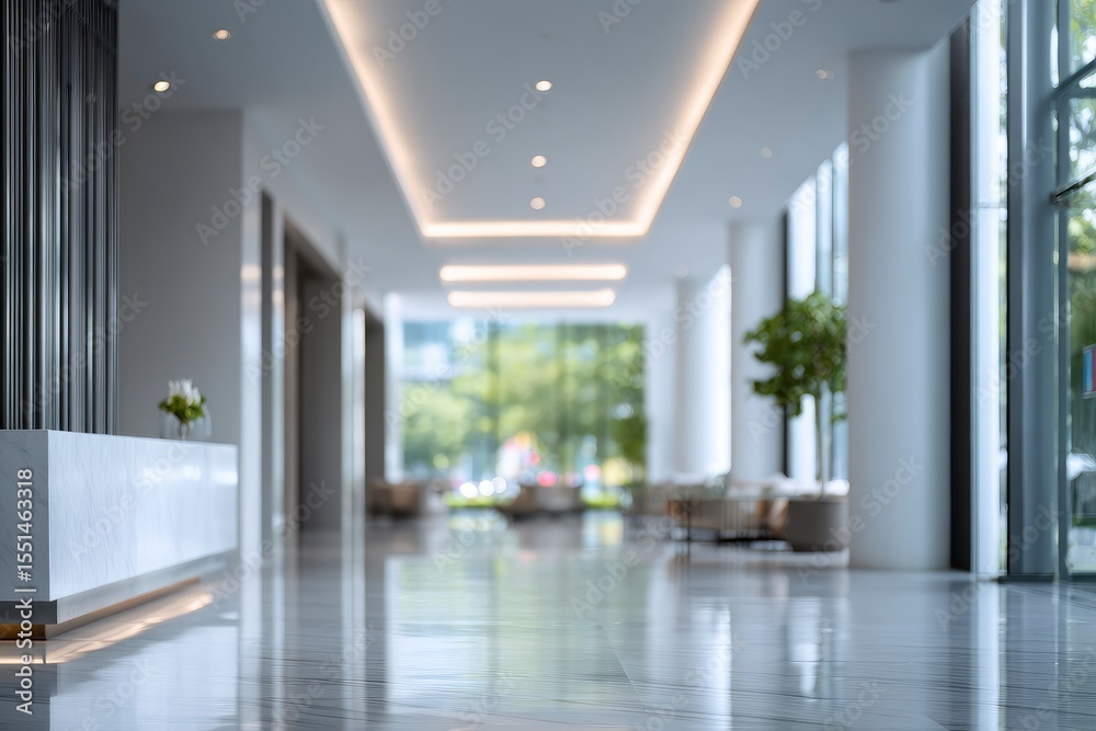 Fototapeta premium Modern lobby white marble floors reception desk natural light blurred chairs