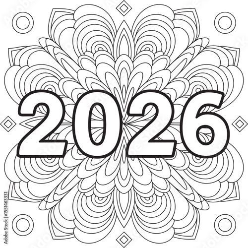 2026 Mandala Style Coloring Page – Decorative Floral Line Art Design for New Year, 2026 Zen tangle Mandala Art Relaxing Coloring Page for New Year, 2026 Mandala Coloring Page