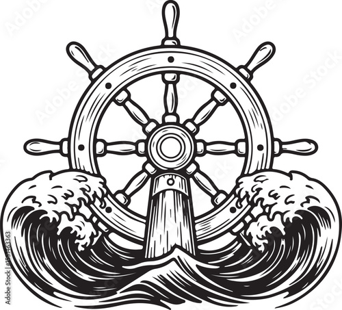 Nautical Ship Wheel in Ocean Waves Vintage Maritime Illustration