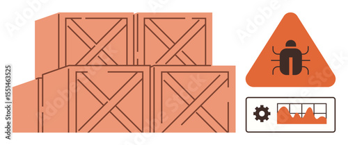 Stacked wooden crates beside pest hazard warning symbol with insect icon and a monitoring interface. Ideal for pest prevention, inventory safety, quality control, warehouse management, risk