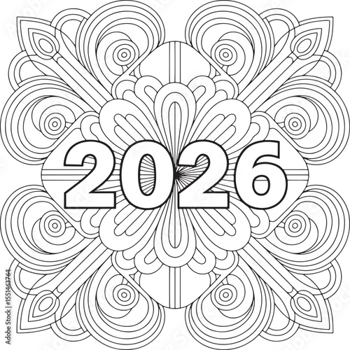 2026 Mandala Style Coloring Page – Decorative Floral Line Art Design for New Year, 2026 Zen tangle Mandala Art Relaxing Coloring Page for New Year, 2026 Mandala Coloring Page
