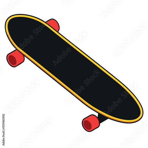 Black skateboard with red wheels and yellow trim isolated on white background
