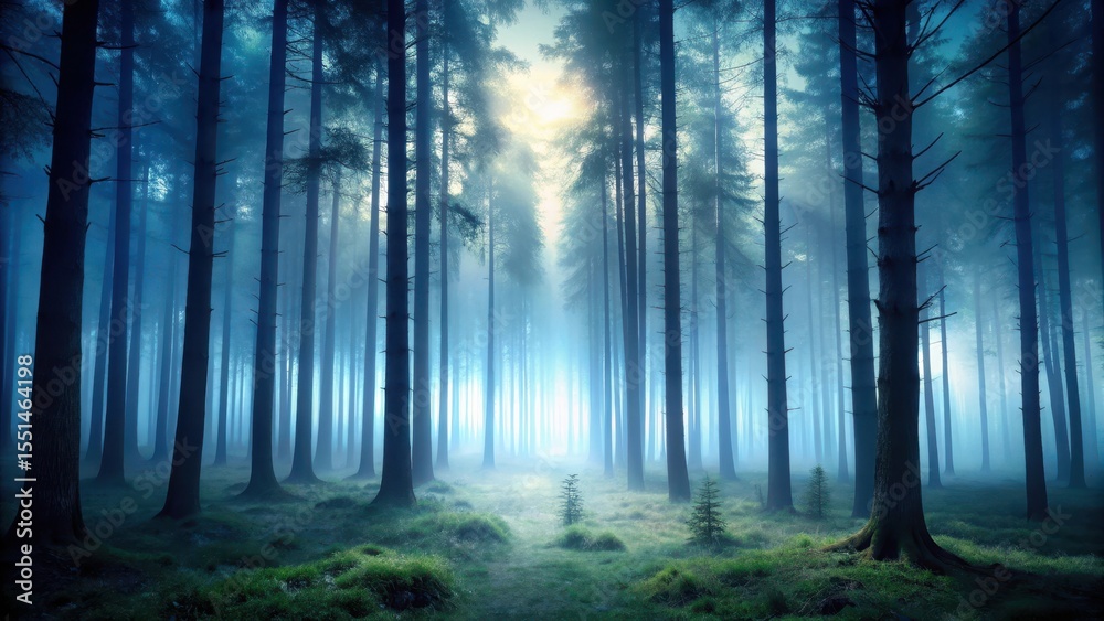 Fototapeta premium Shadowy forest at dusk with tall trees and foggy atmosphere