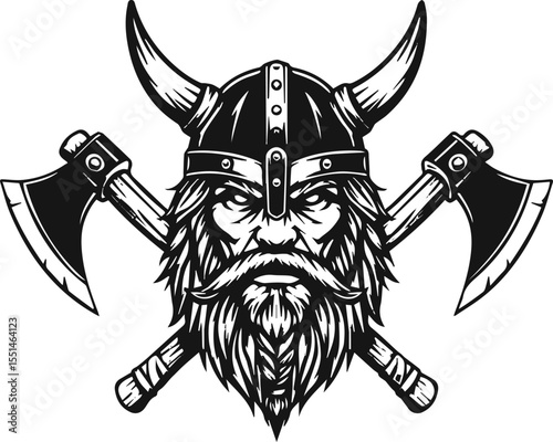 Fierce viking warrior with crossed axes and horned helmet emblem