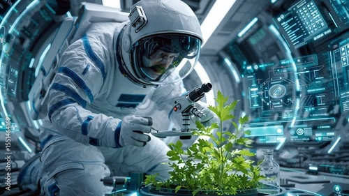 Astronaut Conducting Plant Research in a Futuristic Space Laboratory with Advanced Technology and Digital Interface