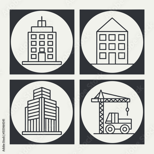 Set of four simple line art building icons and a construction crane isolated on white background