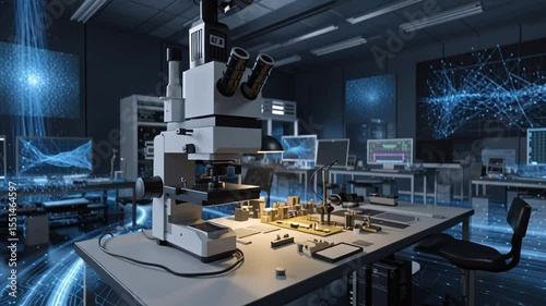 Advanced Laboratory Scene Featuring Microscope and High-Tech Equipment in a Futuristic Research Environment