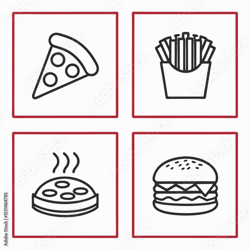 Four icons of popular fast food items isolated on white background